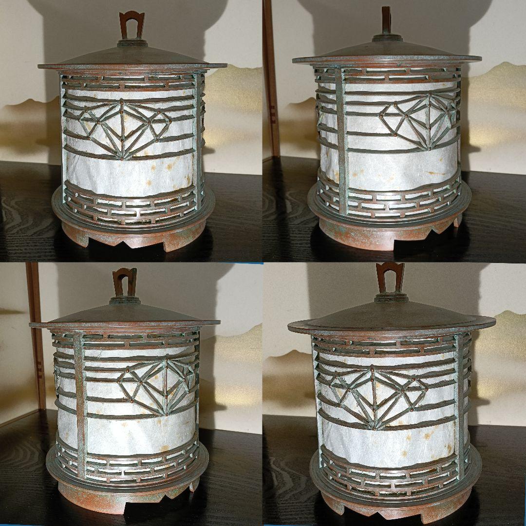 AN46 高岡銅器 名工 釣燈籠 釣灯籠 幾何文透かし 円筒型 青銅 共箱