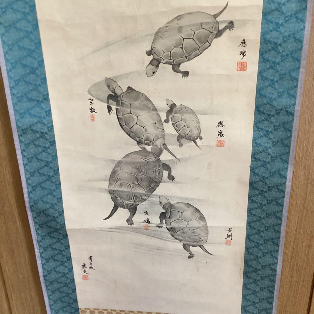 圓山派　一門亀之図　木版画　　落款印譜あり　　掛け軸仕立て直し　　必携落款字典