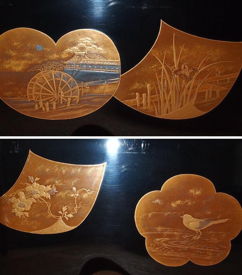 【骨董・時代の美品】大名道具 宝箱 山水蒔絵 箱物/蓋物/菓子器/容器 金縁隅切