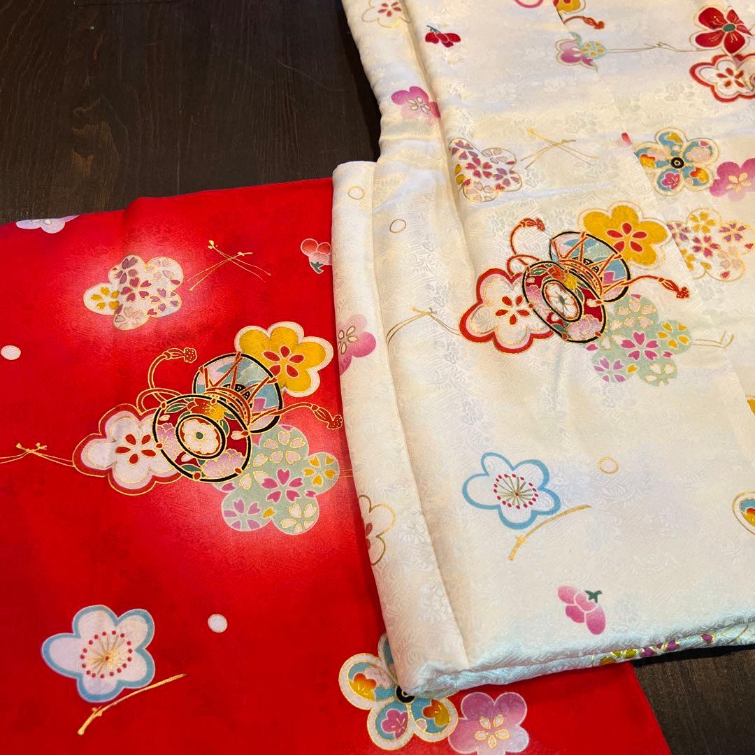 ラ*ン様 七五三 三歳 着物 被布 小物一式 フルセット 正絹 梅 鼓 肌襦袢付