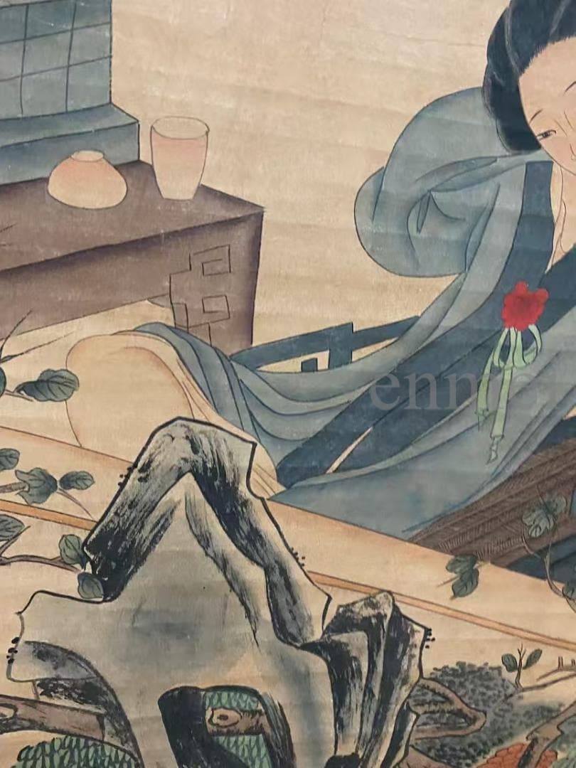 中国古美術・旧藏・明代風・唐寅款・人物図・手描き中堂画・宣紙・掛軸・書画・骨董