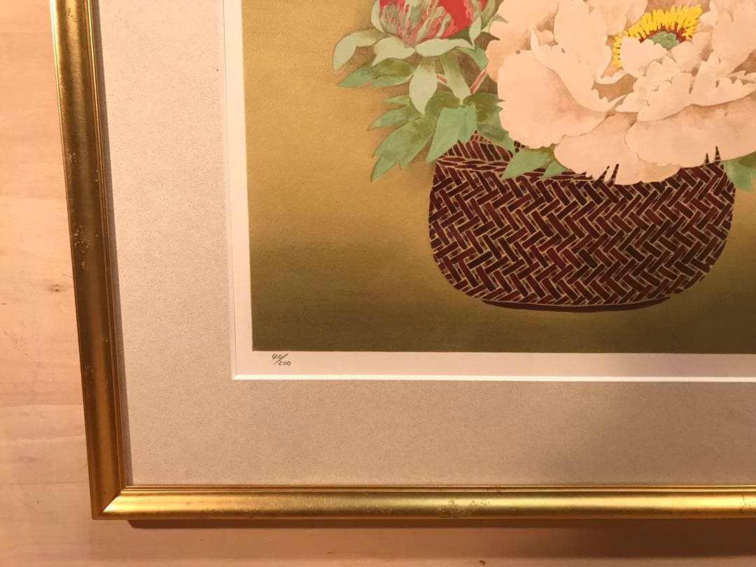 堀文子　「牡丹」　リトグラフ　直筆サイン・エディション・作品証明シール有り