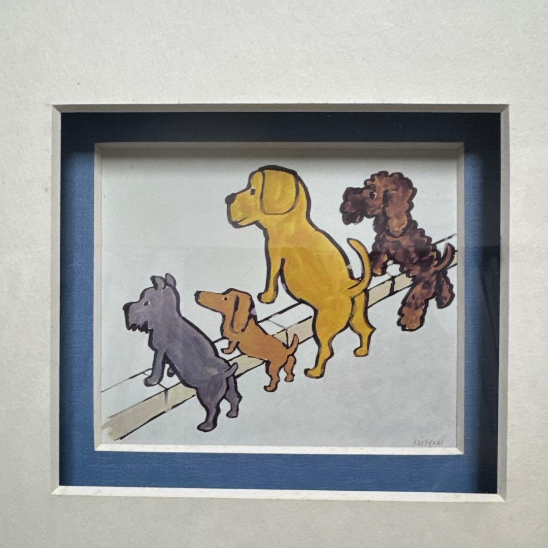 犬のイラスト付き青いフレームアート