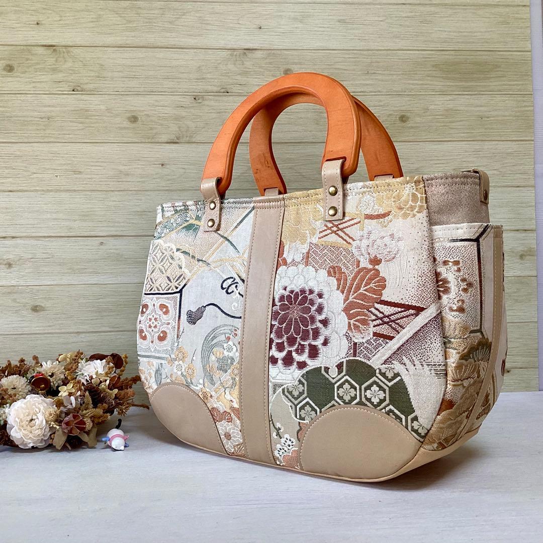 丸帯×本革 着物リメイク トートバッグ ハンドメイド 手提げ 袋帯 アンティーク