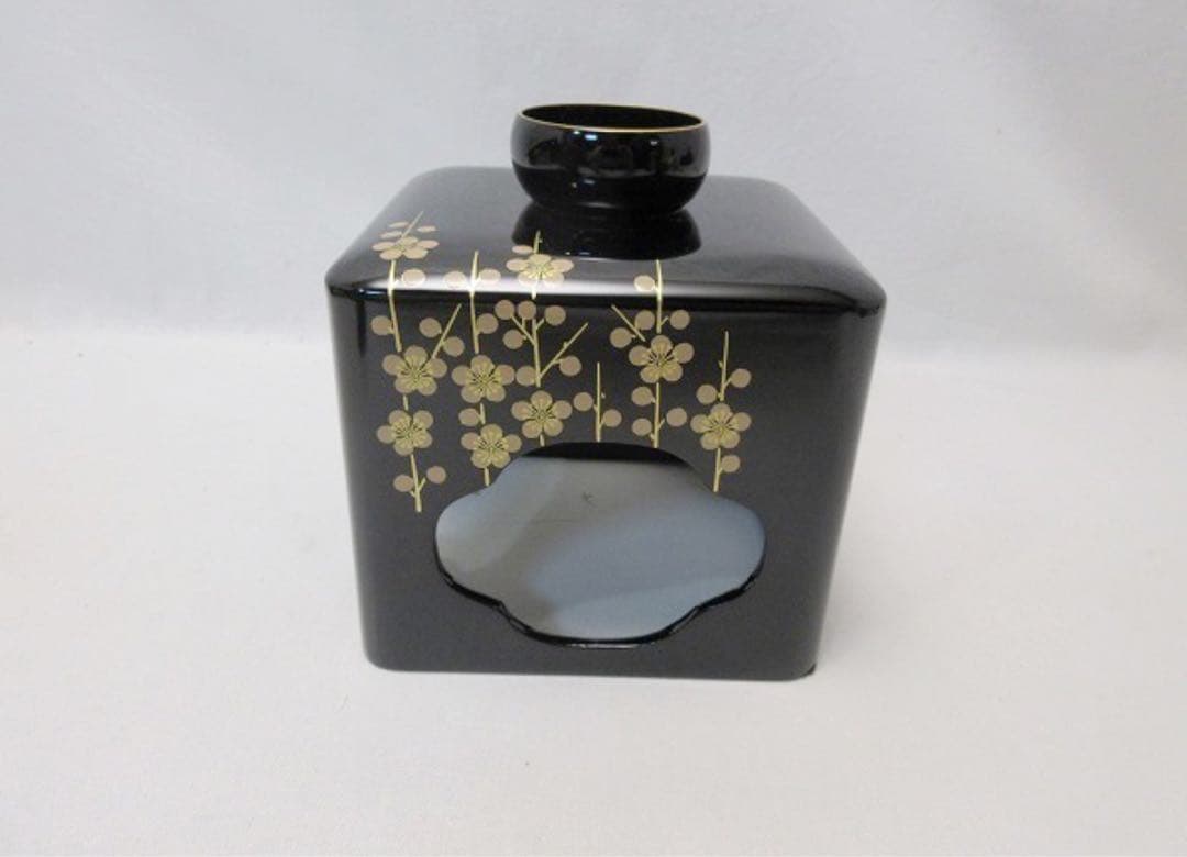 ほぼ未使用 茶道具 天然木製 本漆黒塗 会津塗 屠蘇器 立梅蒔絵 元箱