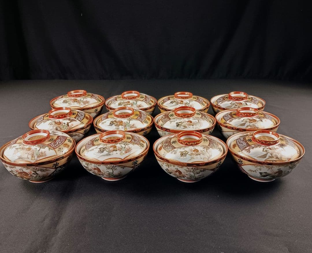 Y2907 九谷焼 金襴手 極上蓋茶碗 13客 共箱付き