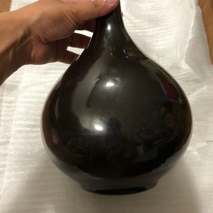 古美術品◼️蔵から出て来た、真っ黒な美しい流線形の大きな壺、壷、花瓶、花道具