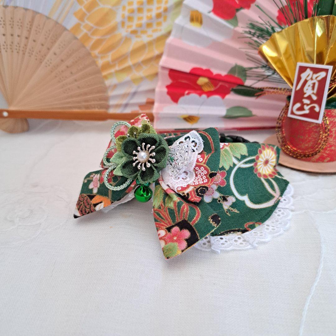 お正月仕様和風つまみ細工(緑)わんちゃん猫ちゃん用襟つき首輪