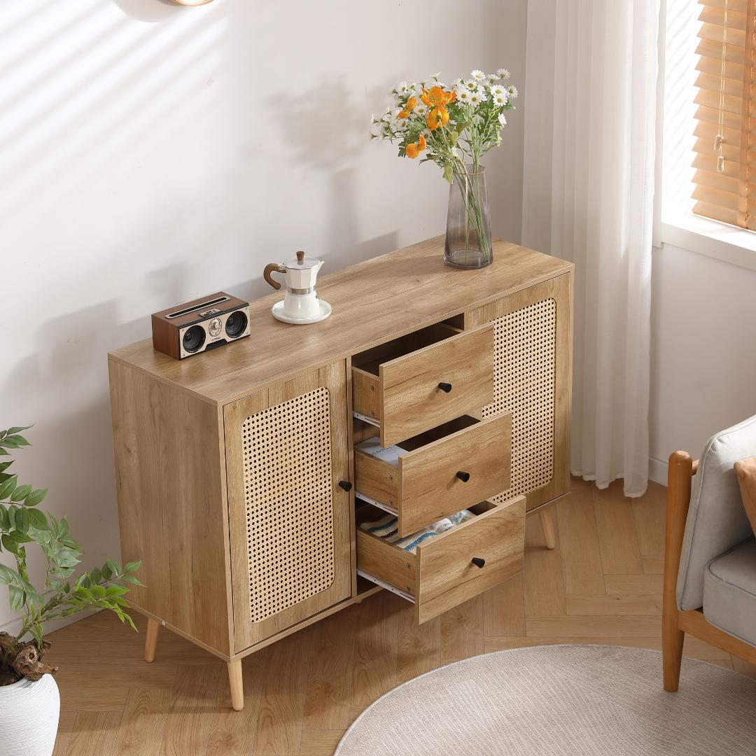 キャビネット サイドボード チェストラタン調 ラタン風 引き出し付き 大容量