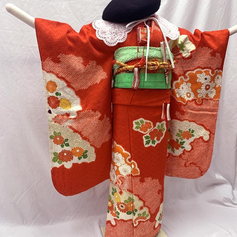 512ag31お着物のみ□七五三 七歳 女児 着物&袋帯&長襦袢 花 絞染め 赤