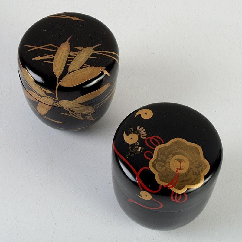 茶道具　黒漆　金蒔絵　棗　一双　書付共箱　V　9432