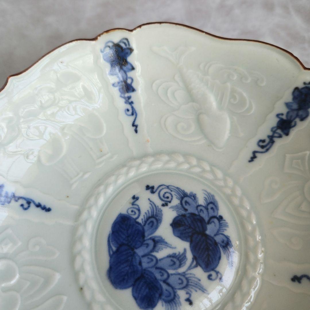 古伊万里　染付　陽刻　深皿　膾皿　唐人　韃靼人　江戸　アンティーク　金継ぎ　金直