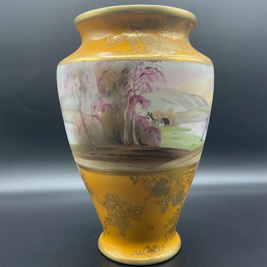 大型 オールドノリタケ 金盛 盛上 花瓶 水差し 風景 里帰り 金彩