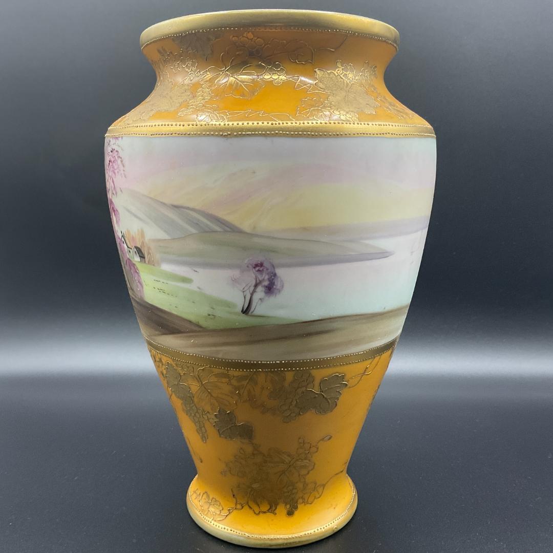 大型 オールドノリタケ 金盛 盛上 花瓶 水差し 風景 里帰り 金彩