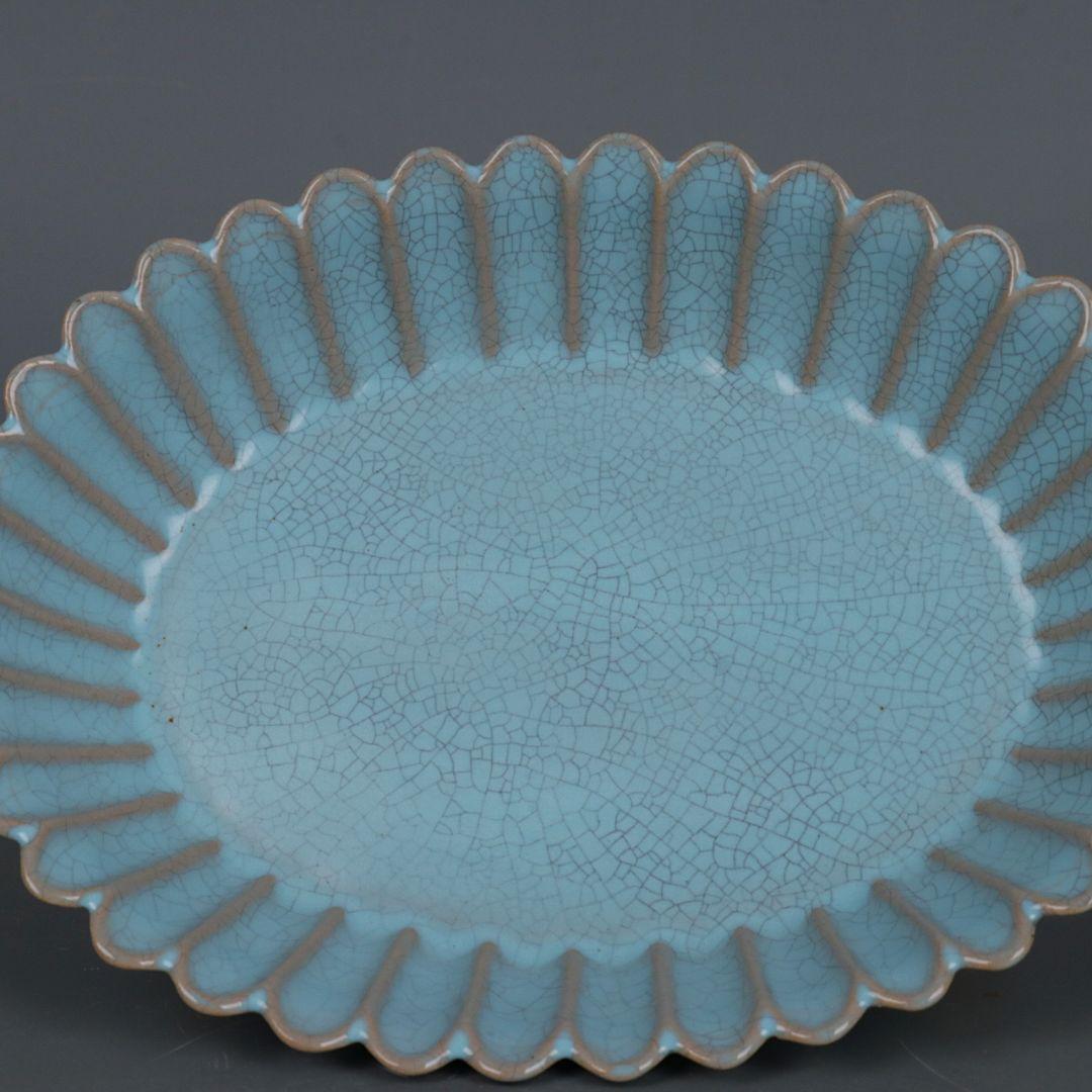 宋汝窯藍釉菊花弁水仙盆 筆洗 書道具 文房具 現代工芸品 美術品 置物