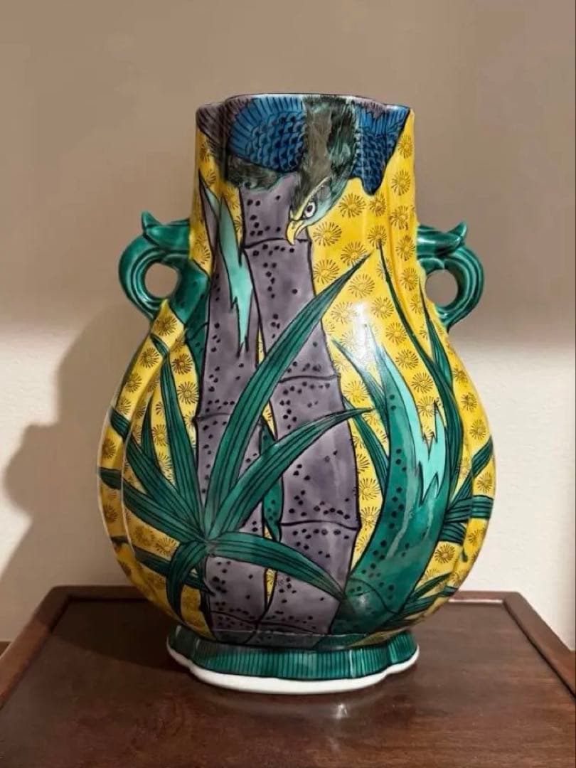 九谷焼 志保 双耳花瓶 共箱付 竹 鳥 花瓶 壺 花入