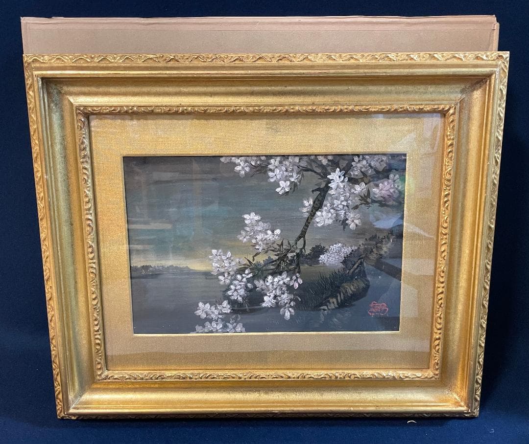 「真作」作者不明「桜の図」風景画　油彩画　額装　サイン有り