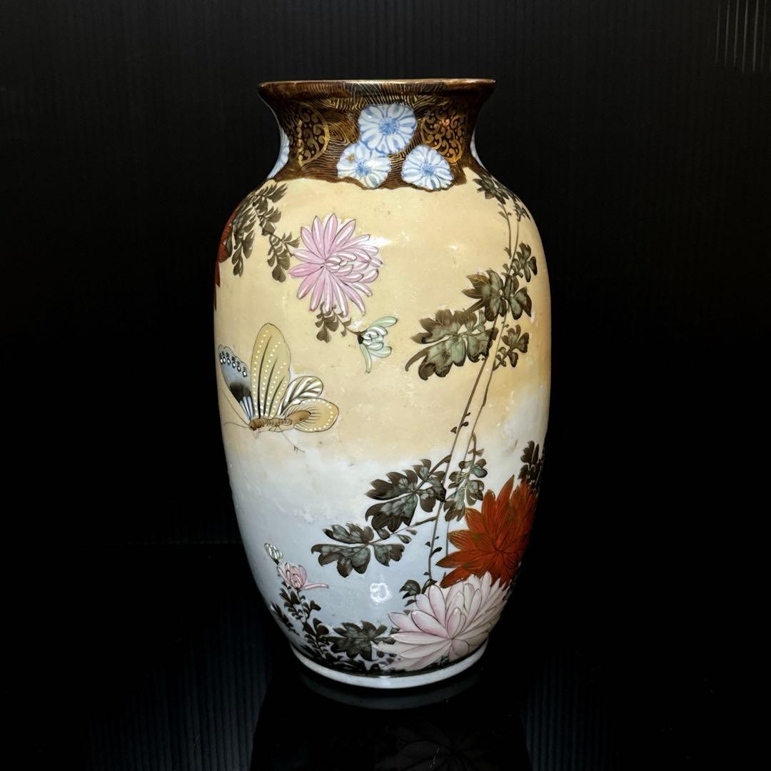 超絶技巧 明治期 極上 金蘭彩色 花蝶図 花瓶 花生 壷