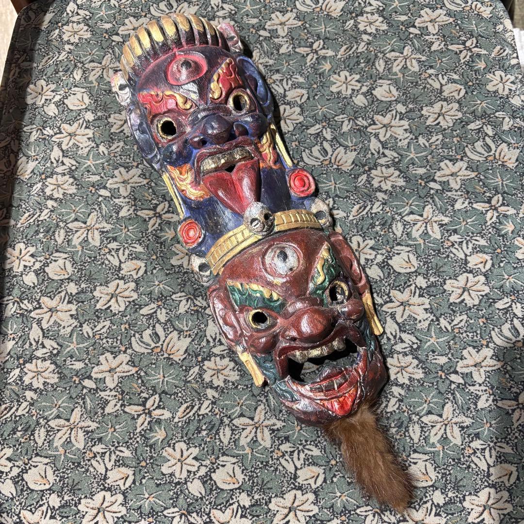 ヴィンテージ 木製仏面　2連マスク　ゴンポ　マハーカーラ　大黒天　お面