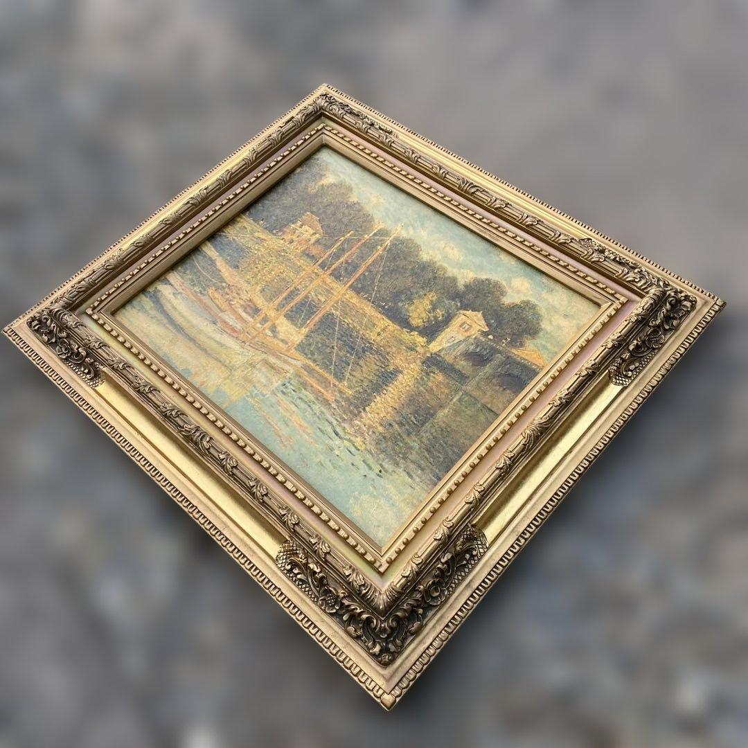 水辺の風景 油彩画 金色装飾額縁付き　アルジャントゥイユの橋　モネ　油絵　複製画