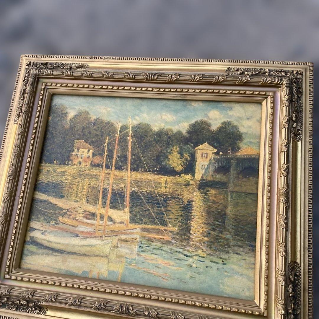 水辺の風景 油彩画 金色装飾額縁付き　アルジャントゥイユの橋　モネ　油絵　複製画