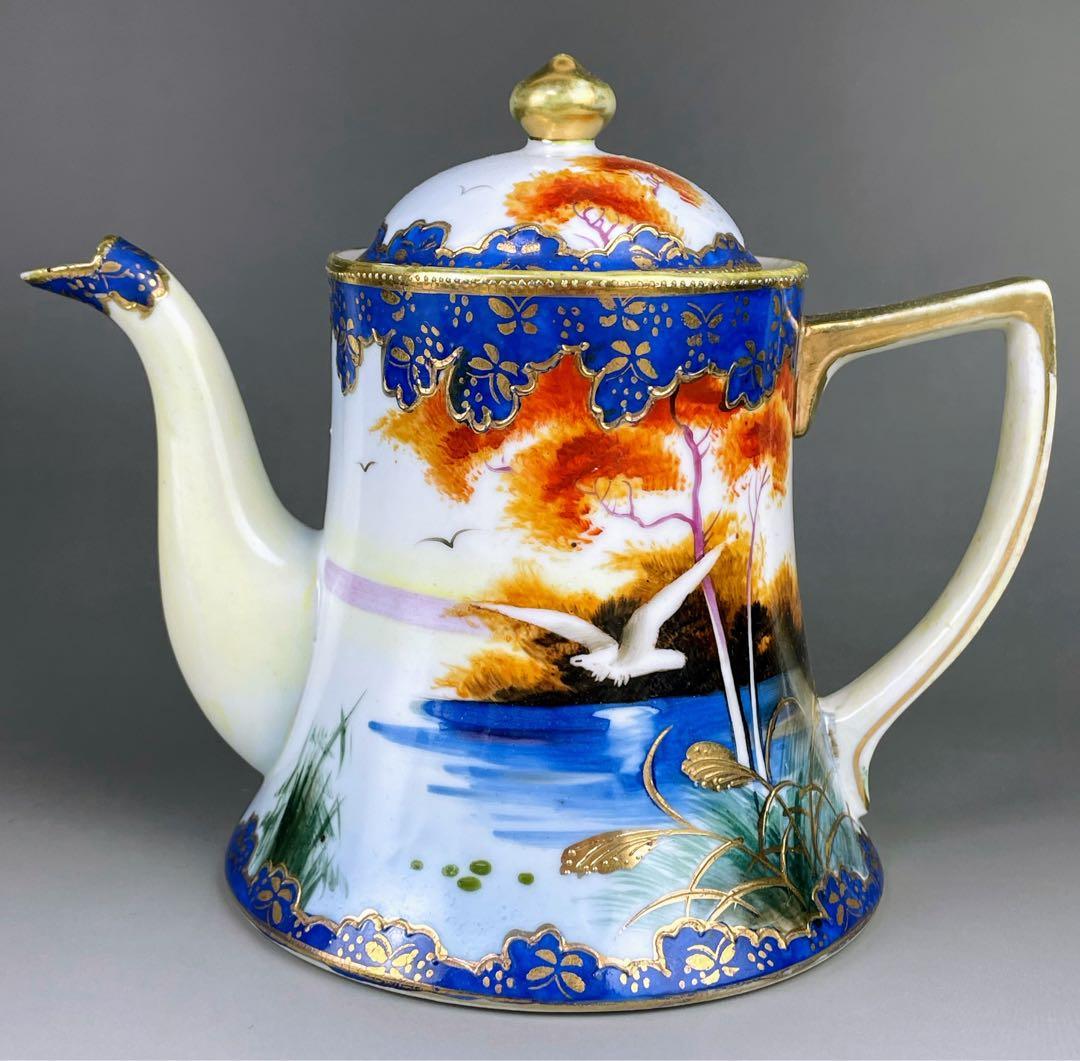 オールドニッポン カモメ 風景図 ティーポット アールヌーボー 金盛り