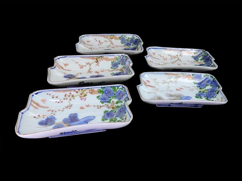 古伊万里　染錦　梅に菊　松に短冊の図　変形長皿　５客　B048AS-CWx