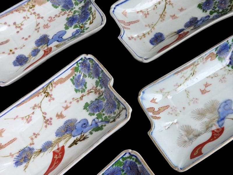 古伊万里　染錦　梅に菊　松に短冊の図　変形長皿　５客　B048AS-CWx