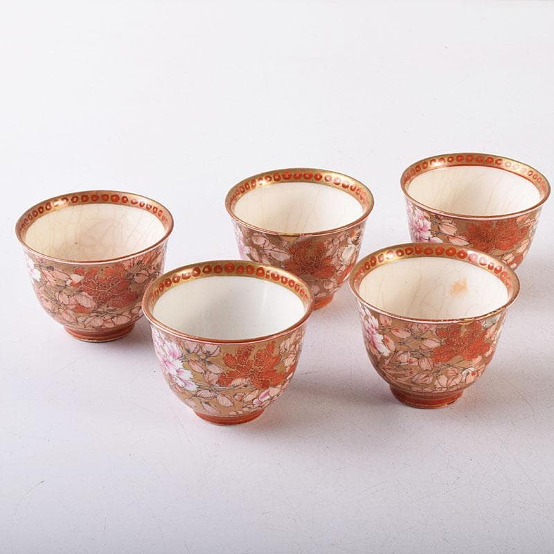 九谷焼　古九谷　赤絵金彩　花鳥文　煎茶碗　五客　D　R8651