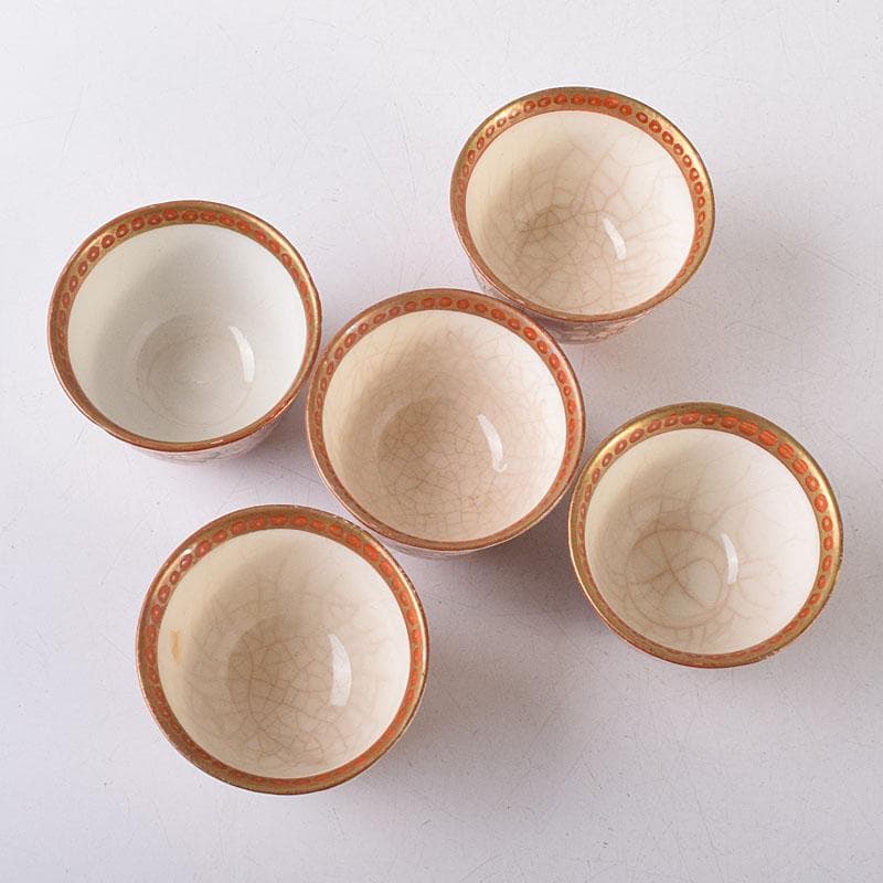 九谷焼　古九谷　赤絵金彩　花鳥文　煎茶碗　五客　D　R8651