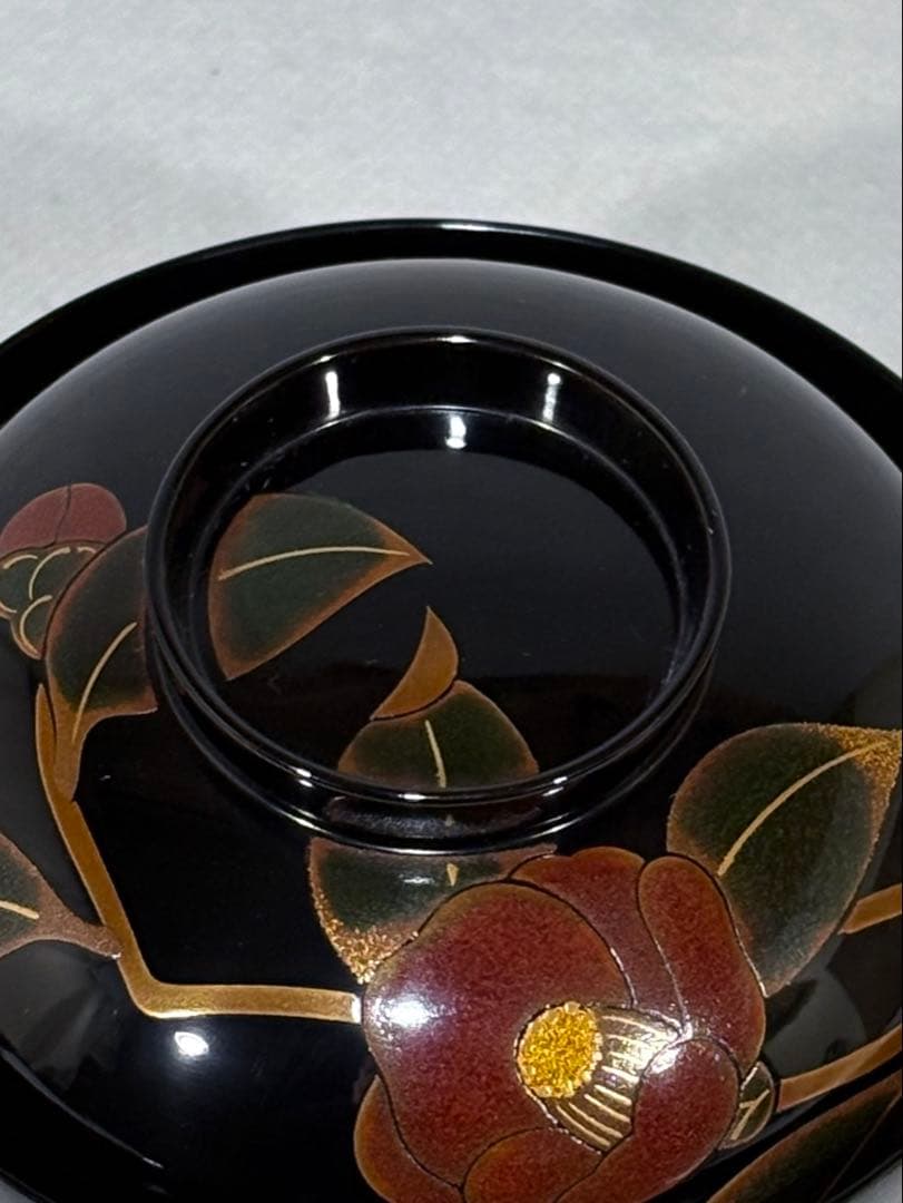 輪島塗　元岡光漆堂謹製　蒔絵師 静峰　塗師 清斉　椿蒔絵 吸物椀五客　美品　共箱