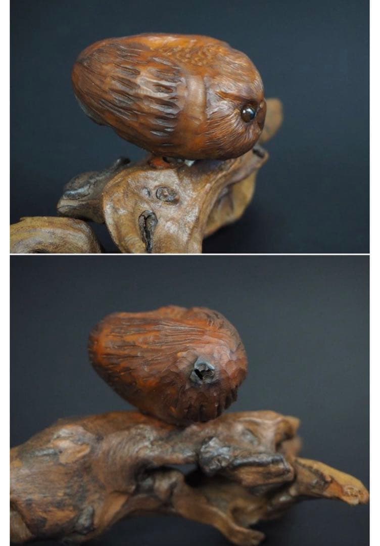 送料無料コレクター放出品天然素材フクロウ置物　神代木にフクロウ箱付骨董古玩古美術