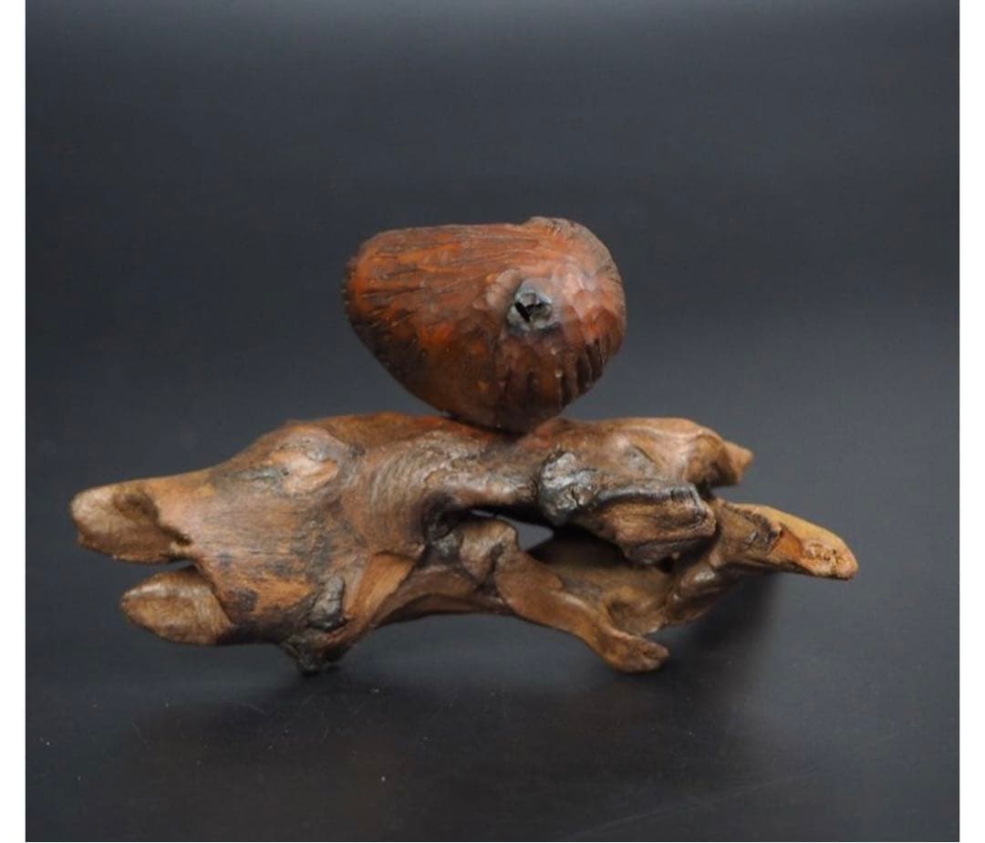 送料無料コレクター放出品天然素材フクロウ置物　神代木にフクロウ箱付骨董古玩古美術