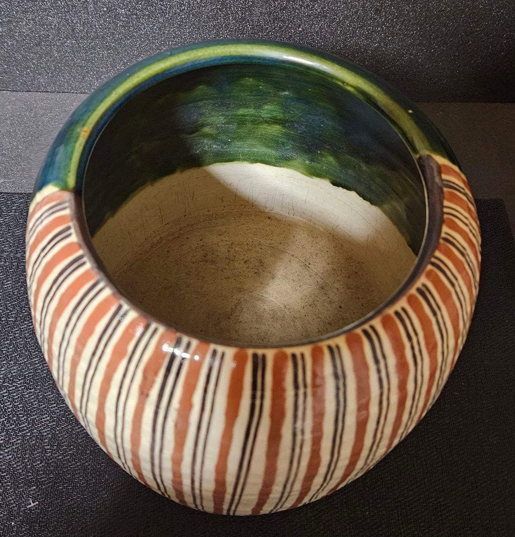 織部焼　瀬戸焼　名工　松原老松作　織部釉　麦藁文様　手焙　火鉢　花入れ　鉢カバー