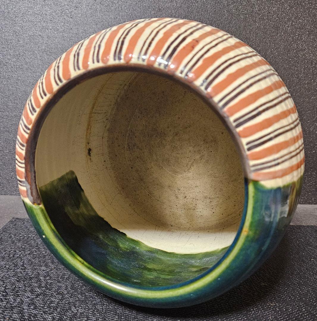 織部焼　瀬戸焼　名工　松原老松作　織部釉　麦藁文様　手焙　火鉢　花入れ　鉢カバー