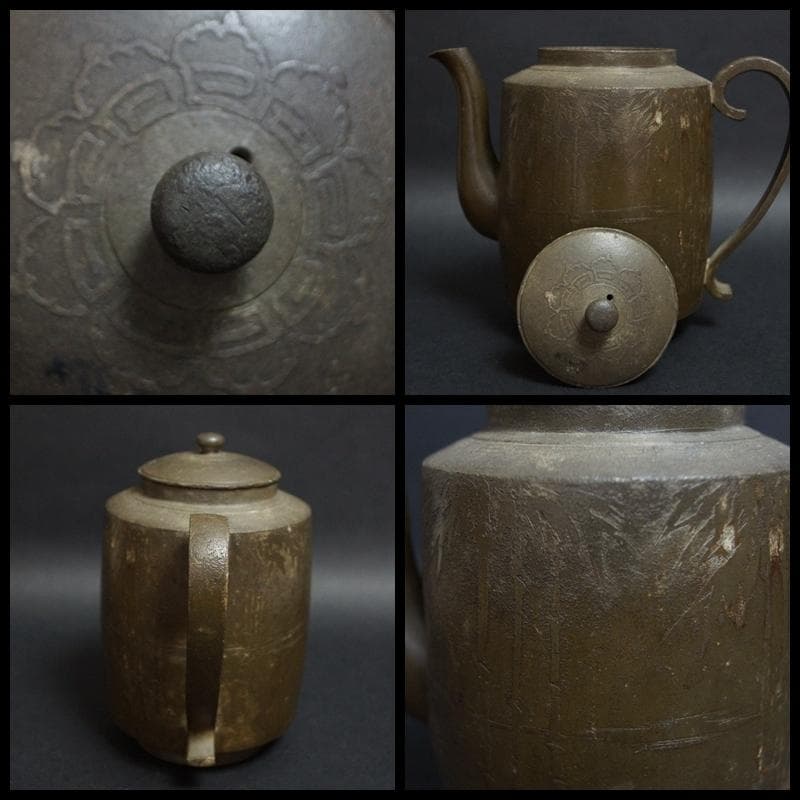 明治期薩摩 純正錫 山崎製造 金工細工『竹文』水注 急須 箱付