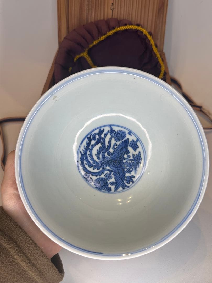 本mercy専用　大明萬暦年製 底款 青花染付対頭鳳紋 碗 仕覆木箱 中国古美術