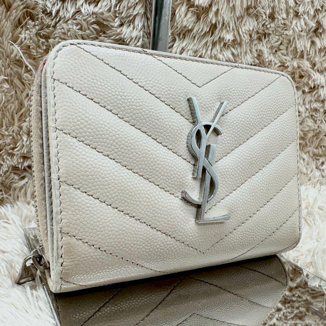 【美品】サンローラン 二つ折り財布 ホワイト Vステッチ キャビアスキン YSL