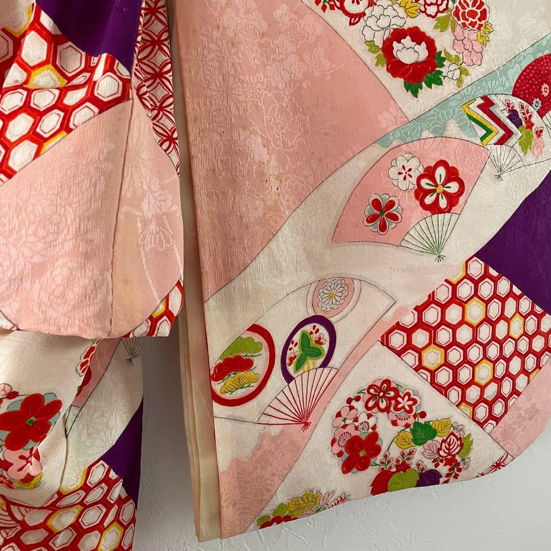 七五三　３歳　女の子　正絹　アンティークお着物　セット　正絹白地の被布コーデ