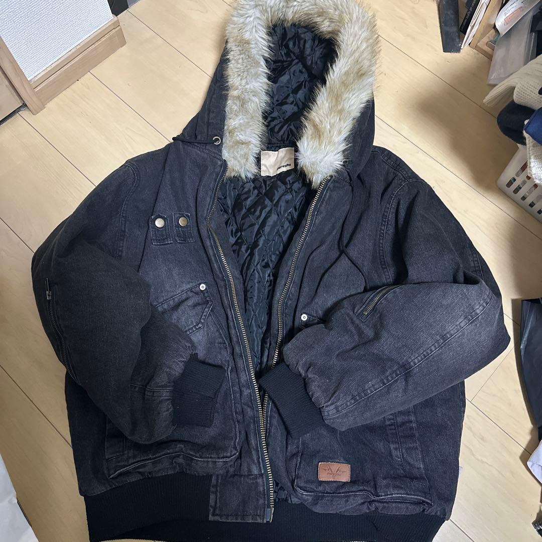 Perushu ヴィンテージライクデニムフードファーブルゾン　ブラック