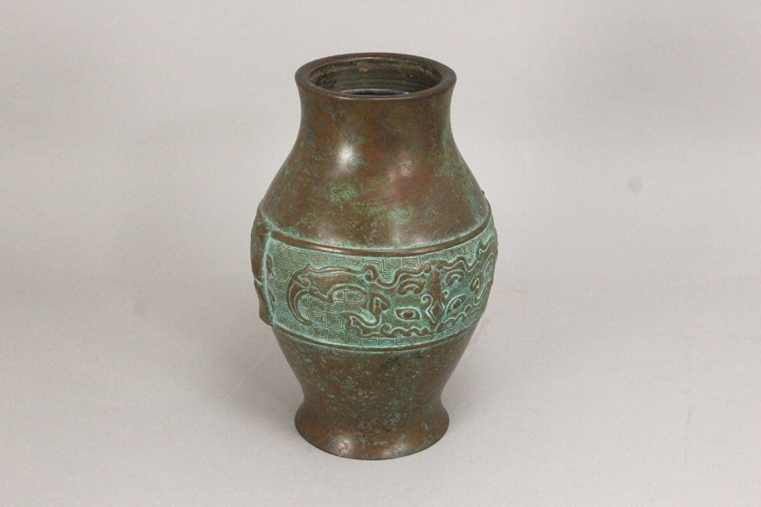 No5074 平安城鋳工　桂田浄雲造　饕餮文銅花器　高さ24.5cm 送料無料