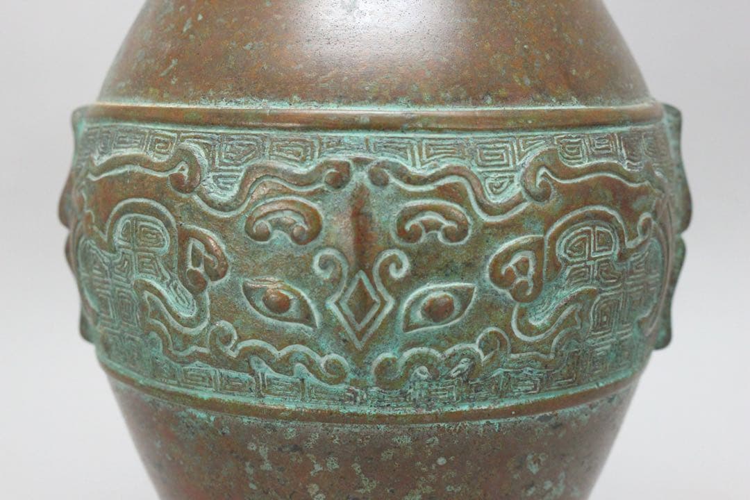 No5074 平安城鋳工　桂田浄雲造　饕餮文銅花器　高さ24.5cm 送料無料