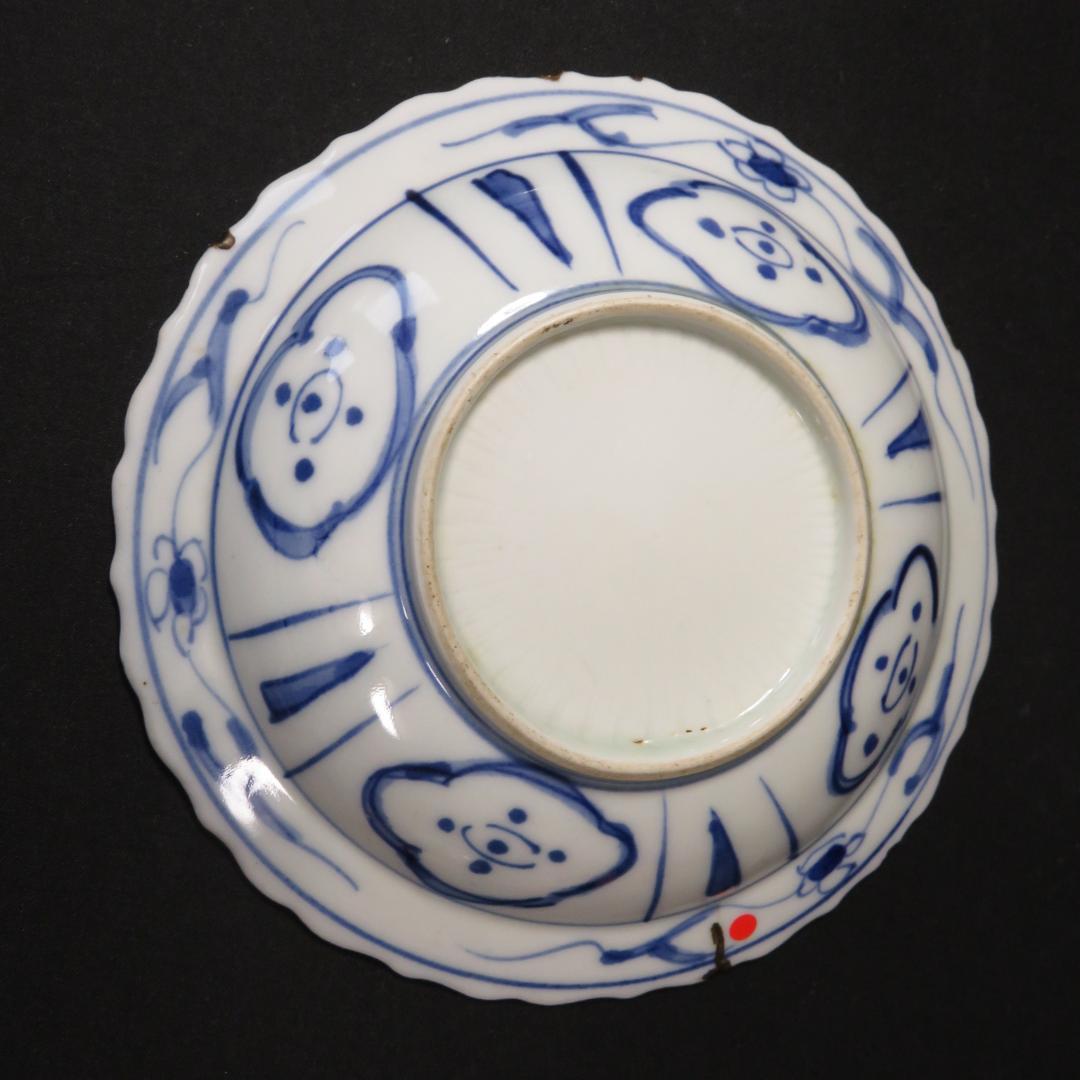 染付 小皿 皿 古伊万里 飛蝗文様 江戸 歪み 欠け 直し 芙蓉手 B傷多め