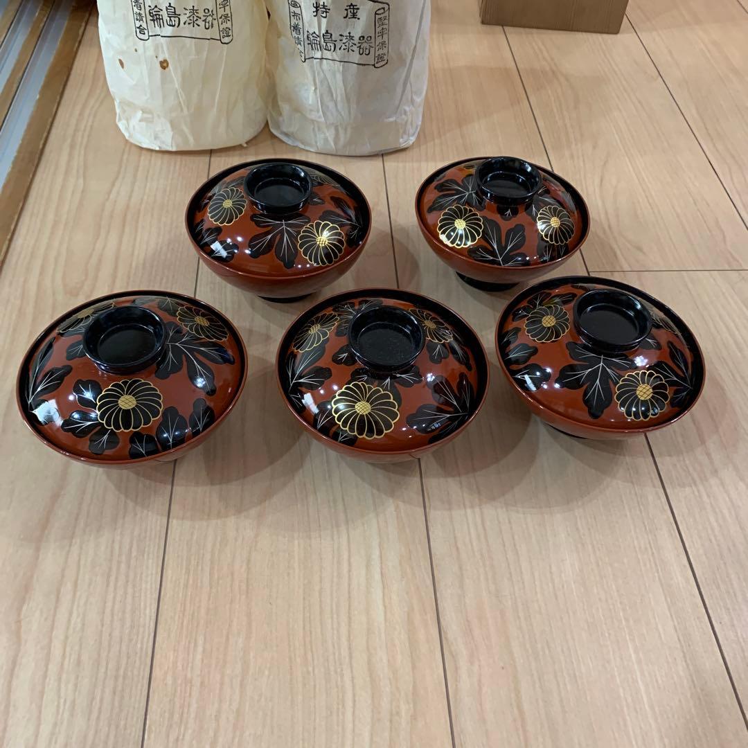 漆器 椀 １０個セット 黒と金の輪島花模様