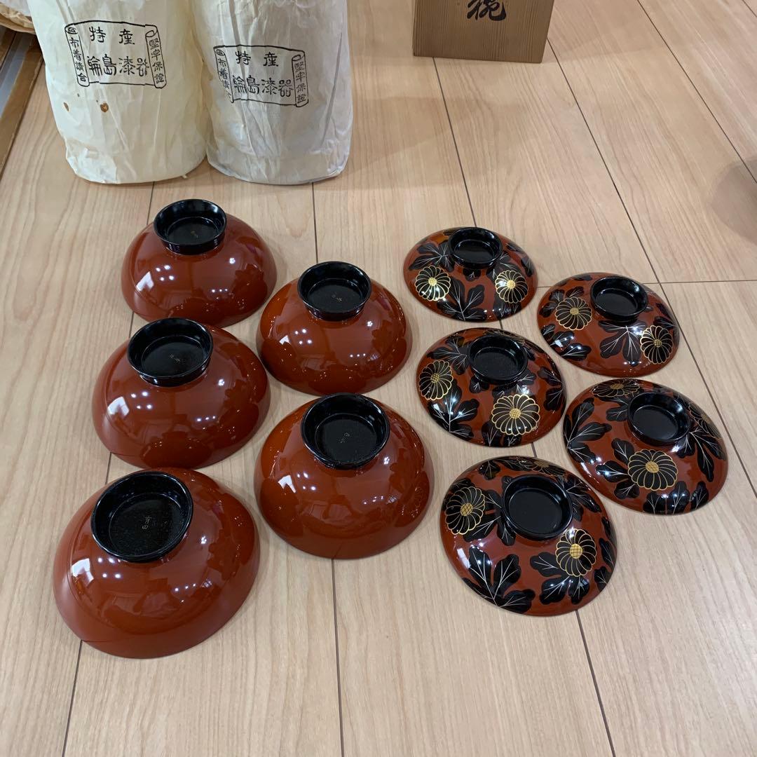 漆器 椀 １０個セット 黒と金の輪島花模様