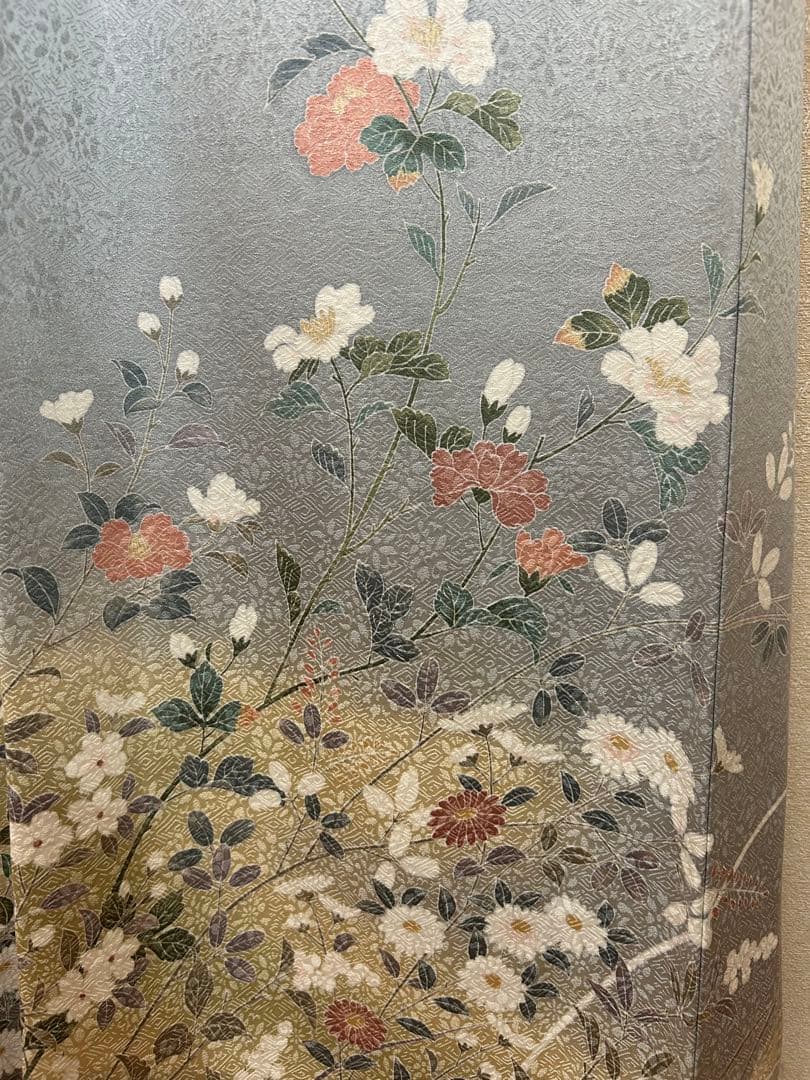 訪問着 花柄 グレー 絹