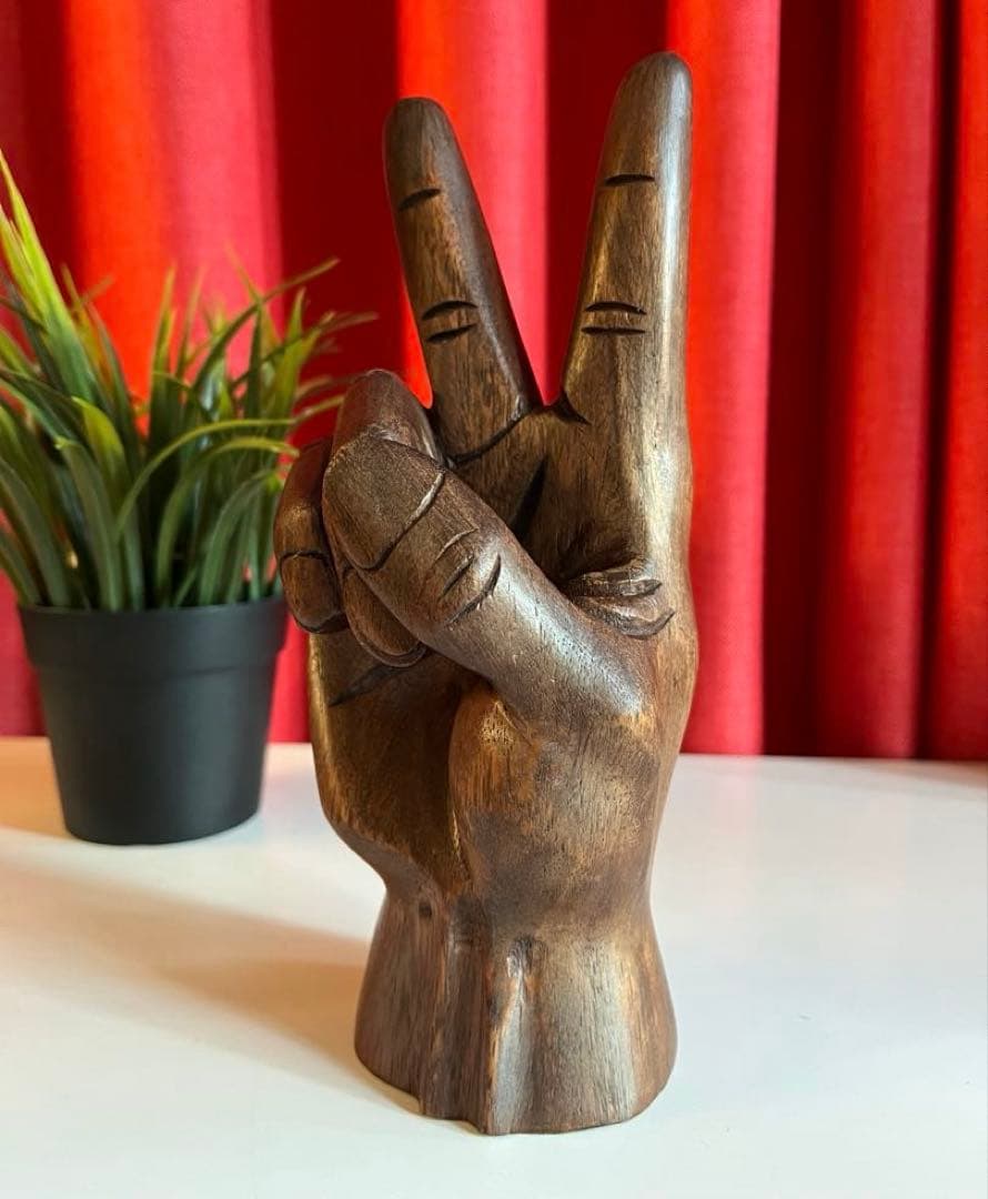 ヴィンテージ　木製　ハンド　ピースサイン　70'sアメリカ　彫刻　手　オブジェ