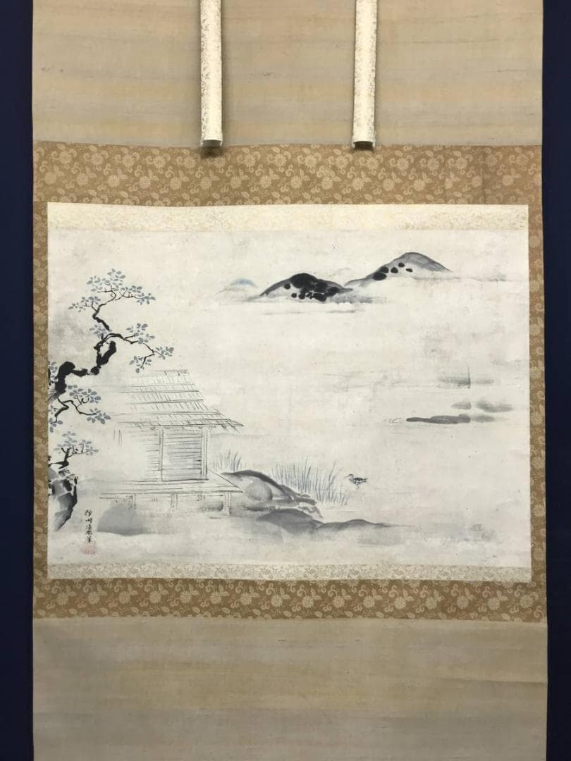 【真作】狩野伊川院/湖畔に水鳥図/山水図/横物/掛軸/名家伝来/AC-218