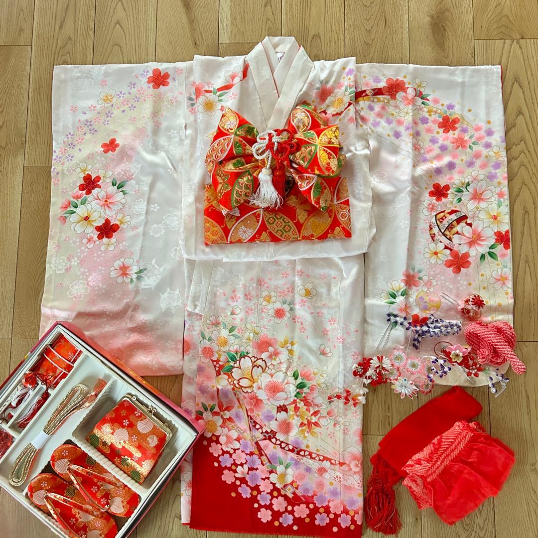 正絹　七五三 女の子7歳着物・帯セット　白　レトロ　アンティーク　日本製