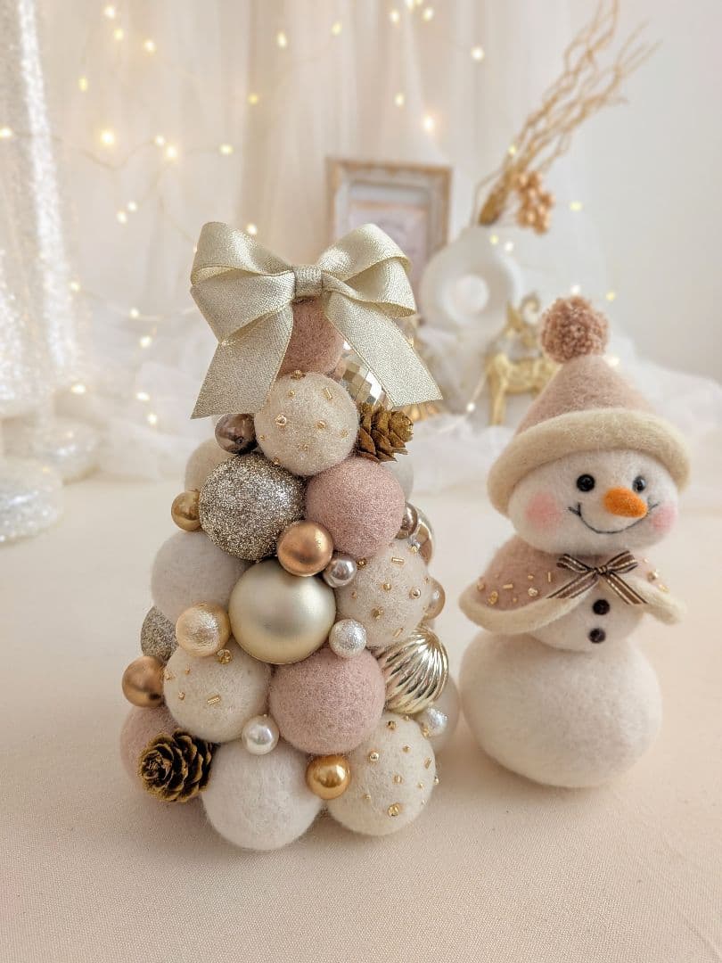 【クリスマス飾り】フェルトボールツリー&スノーマンのセットアイテム（ホワイト系）